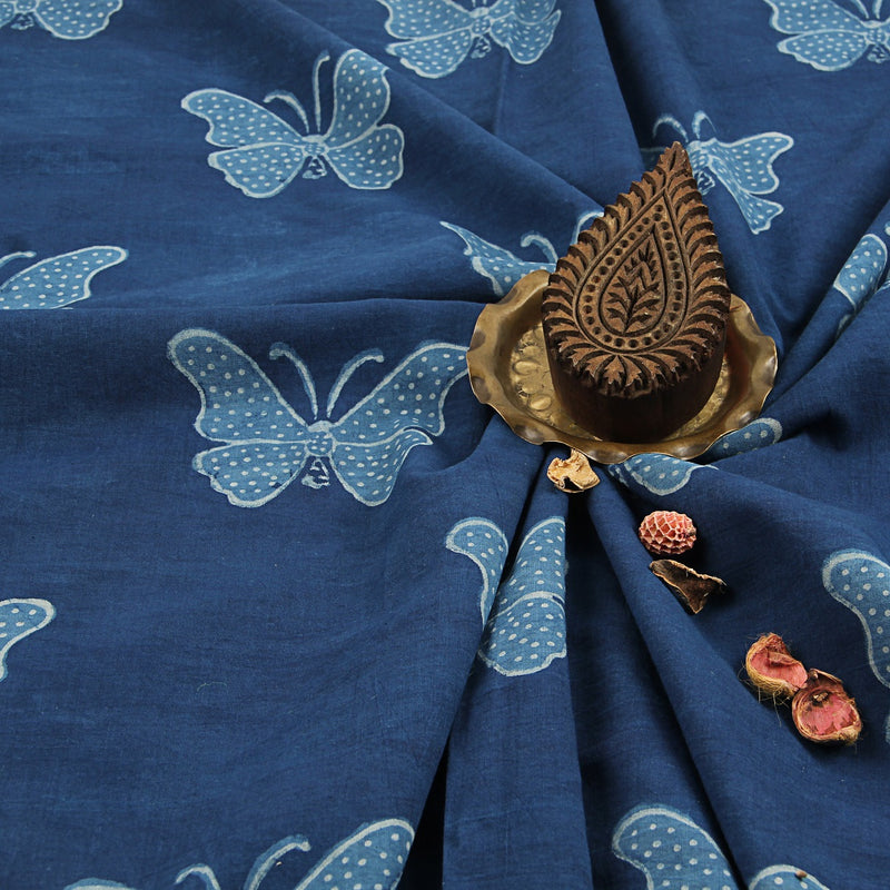 Indigo Butterfly Dabu Hand Block Printed Cotton Fabric