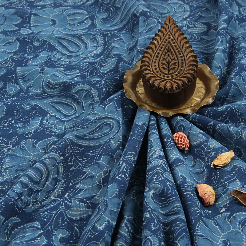 Indigo Tropical Floral Dabu Hand Block Printed Cotton Fabric