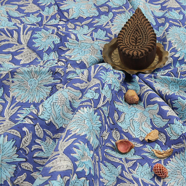 Blue Aster Floral Sanganeri Hand Block Printed Cotton Fabric
