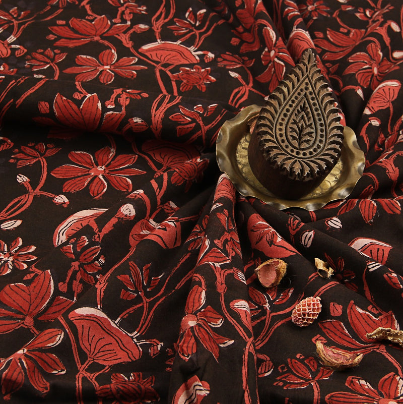 Black Botanical Floral Jahota Hand Block Printed Cotton Fabric