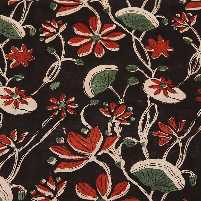 Black Red Botanical Floral Jahota Hand Block Printed Cotton Fabric