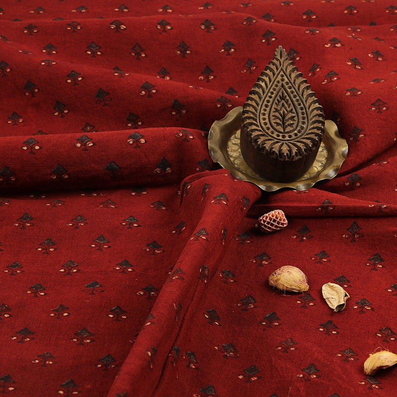 Red Indigo Diamond Floral Ajrakh Hand Block Printed Kala Cotton Fabric