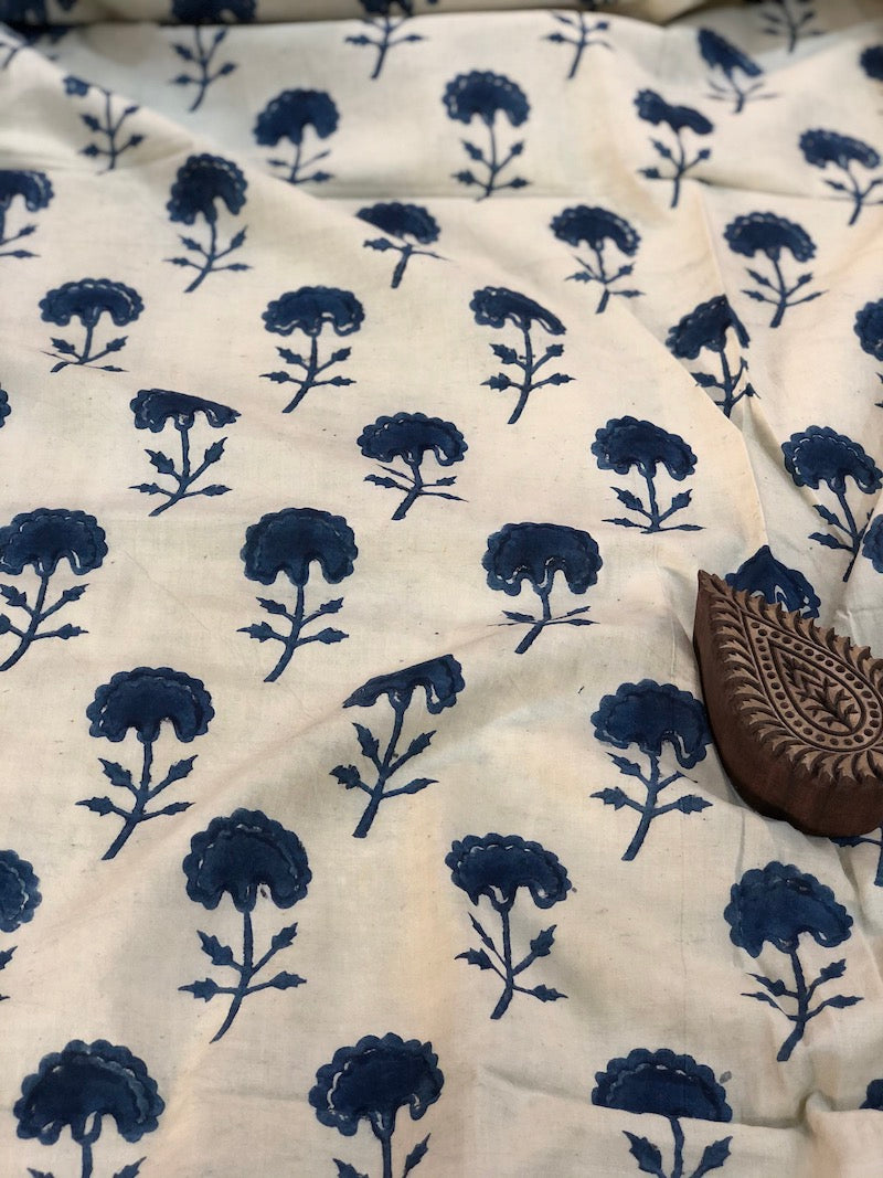 Indigo Flower Light Beige Base Block Printed Cotton Fabric