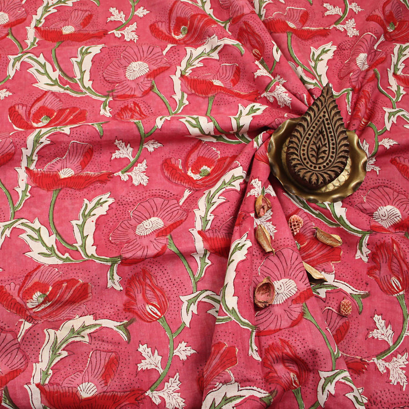 Sanaganeri Rose Pink Floral Jaal Hand Block Printed Cotton Fabric