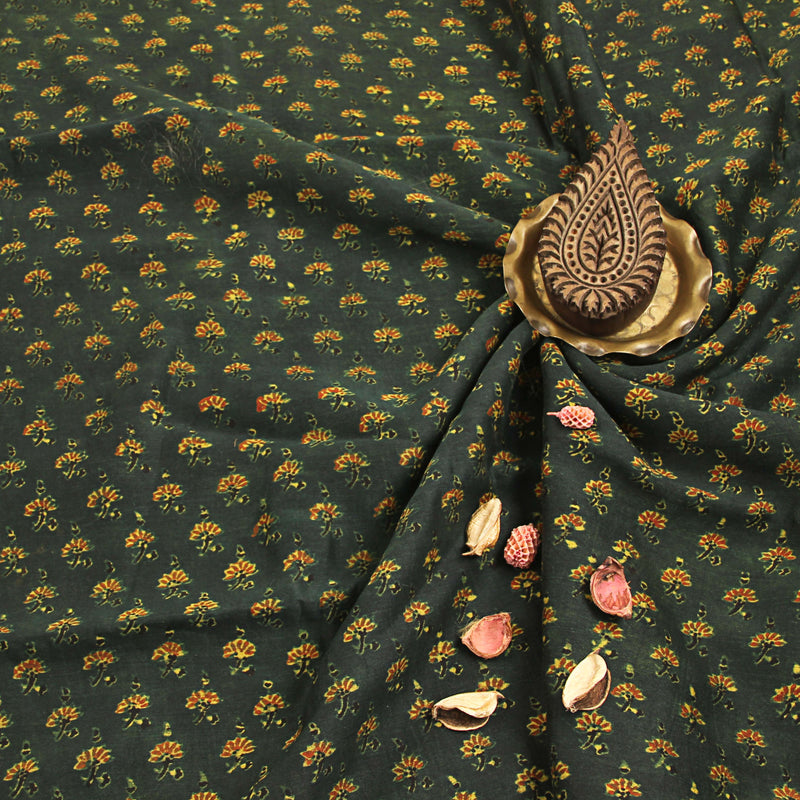 Green Floral Butti Ajrakh Chanderi Silk Fabric