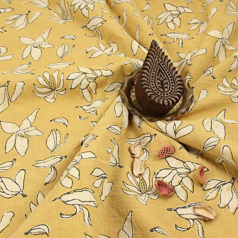 Yellow Champak Floral Dabu Hand Block Printed Slub Cotton Fabric