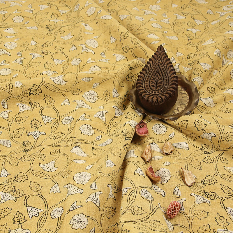 Yellow Floral Jaal Dabu Hand Block Printed Slub Cotton Fabric