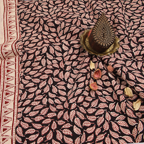 Bagh Black Leaf Jaal Hand Block Printed Cotton Fabric