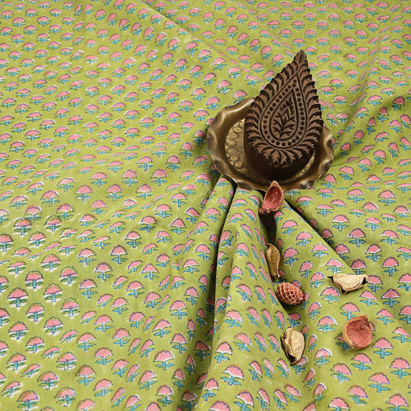 Small Pink Mushroom Floral Butti Sanganeri Hand Block Printed Cotton Fabric