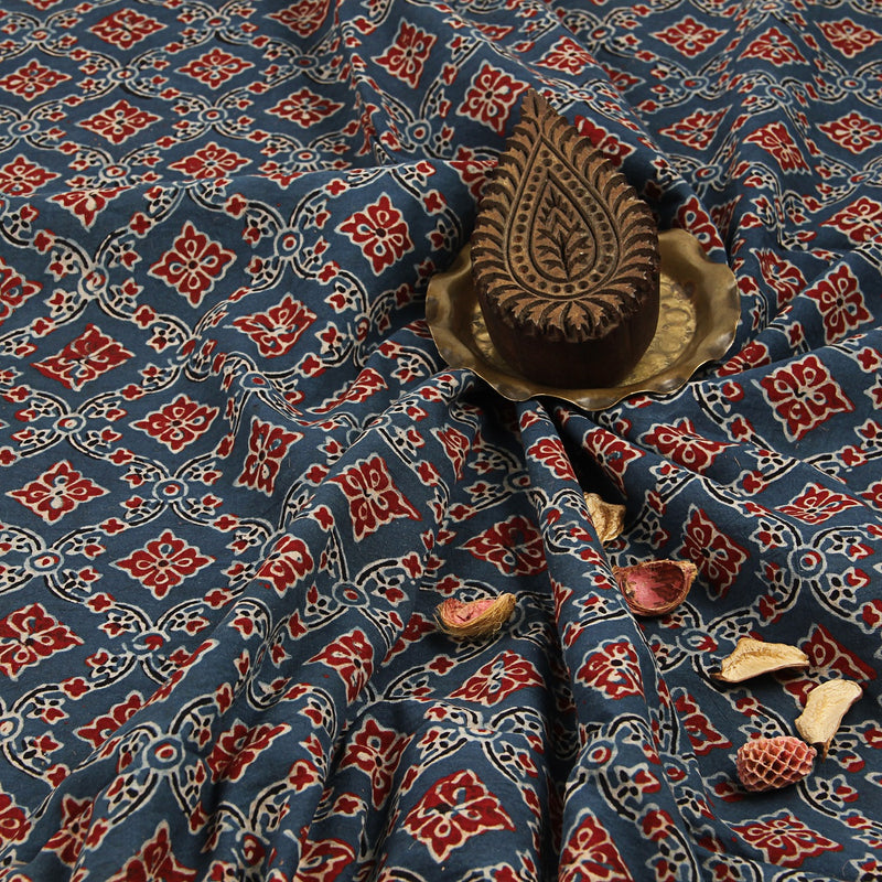 Red Diamond Floral Indigo Ajrakh Hand Block Printed Cotton Fabric