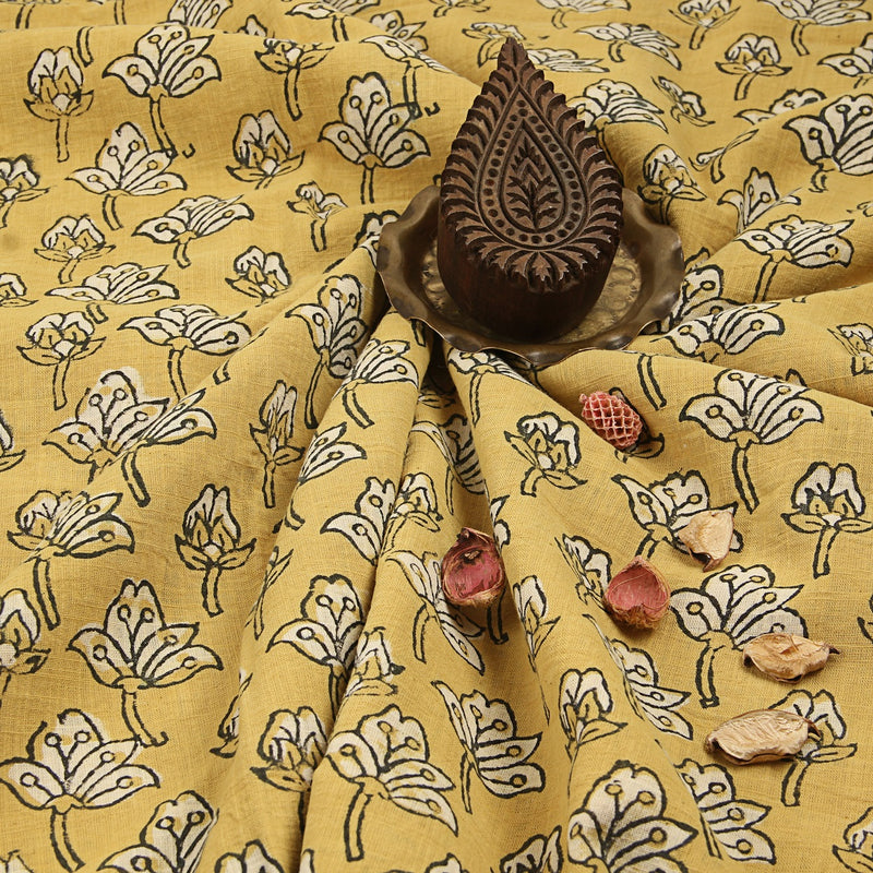Yellow Lily Floral Dabu Hand Block Printed Slub Cotton Fabric