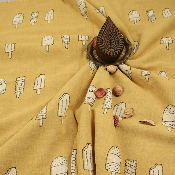 Yellow Ice Cream Lollies Dabu Hand Block Printed Slub Cotton Fabric