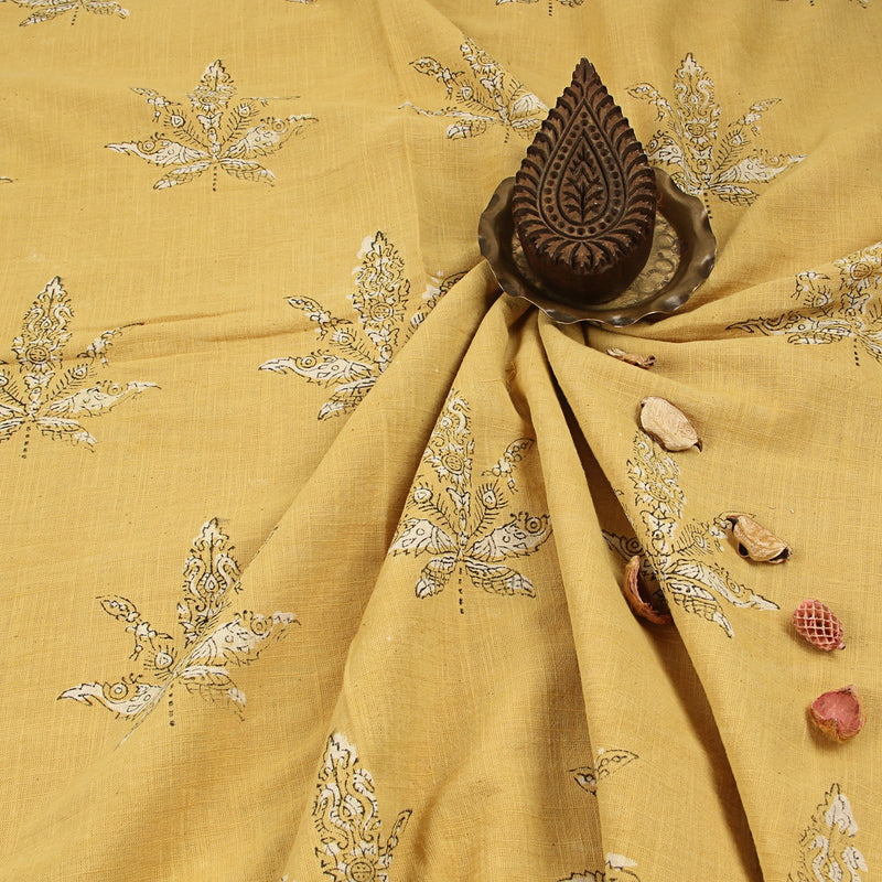 Yellow Leaf Dabu Hand Block Printed Slub Cotton Fabric