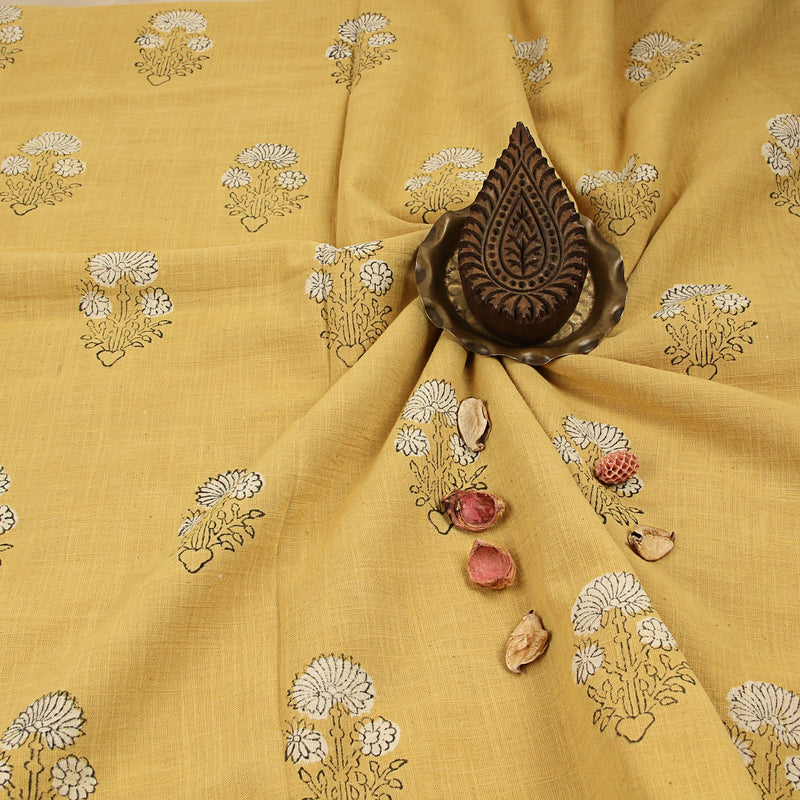 Yellow Marigold Floral Hand Block Printed Slub Cotton Fabric