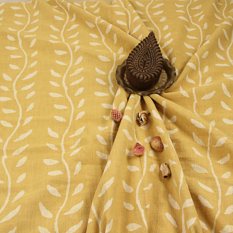 Yellow Leaf Vale Dabu Hand Block Printed Slub Cotton Fabric