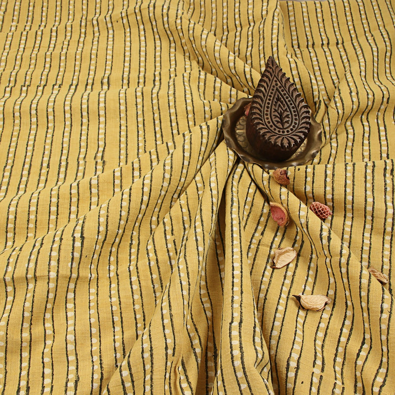 Yellow Dotted Border Dabu Hand Block Printed Slub Cotton Fabric