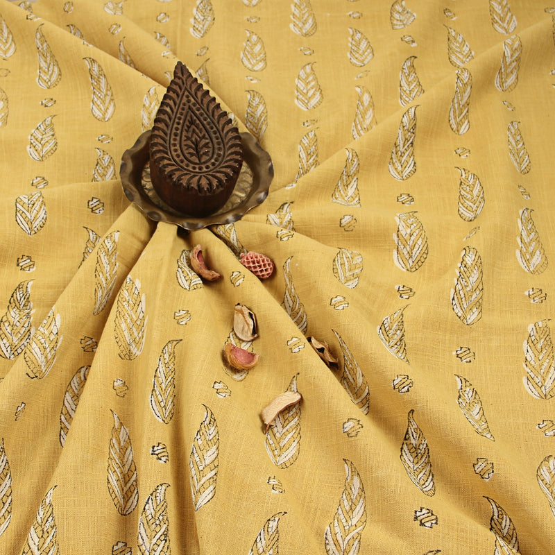 Yellow Feather Dabu Hand Block Printed Slub Cotton Fabric