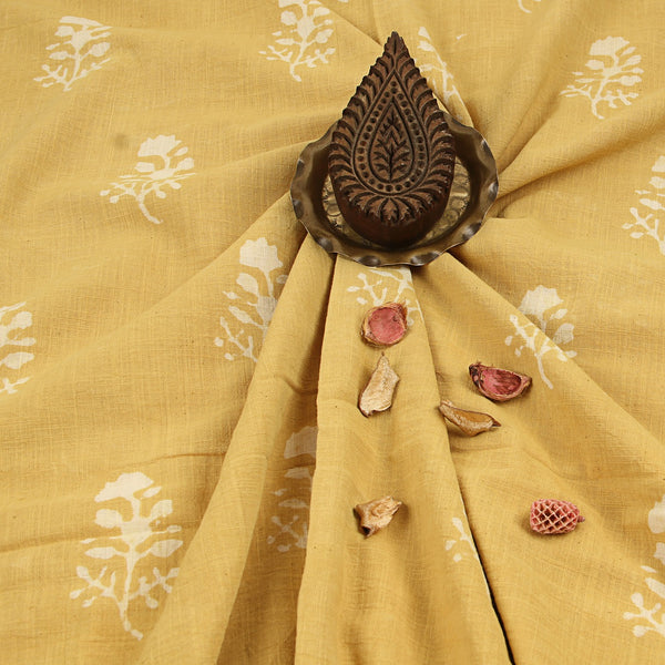 Small Yellow Lilac Dabu Floral Hand Block Printed Slub Cotton Fabric