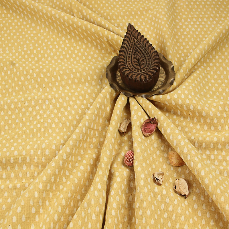 Yellow Droplet Dabu Hand Block Printed Slub Cotton Fabric