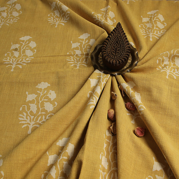 Big Yellow Lilac Dabu Floral Hand Block Printed Slub Cotton Fabric