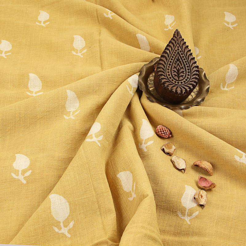 Yellow Leaf Butta Dabu Hand Block Printed Slub Cotton Fabric