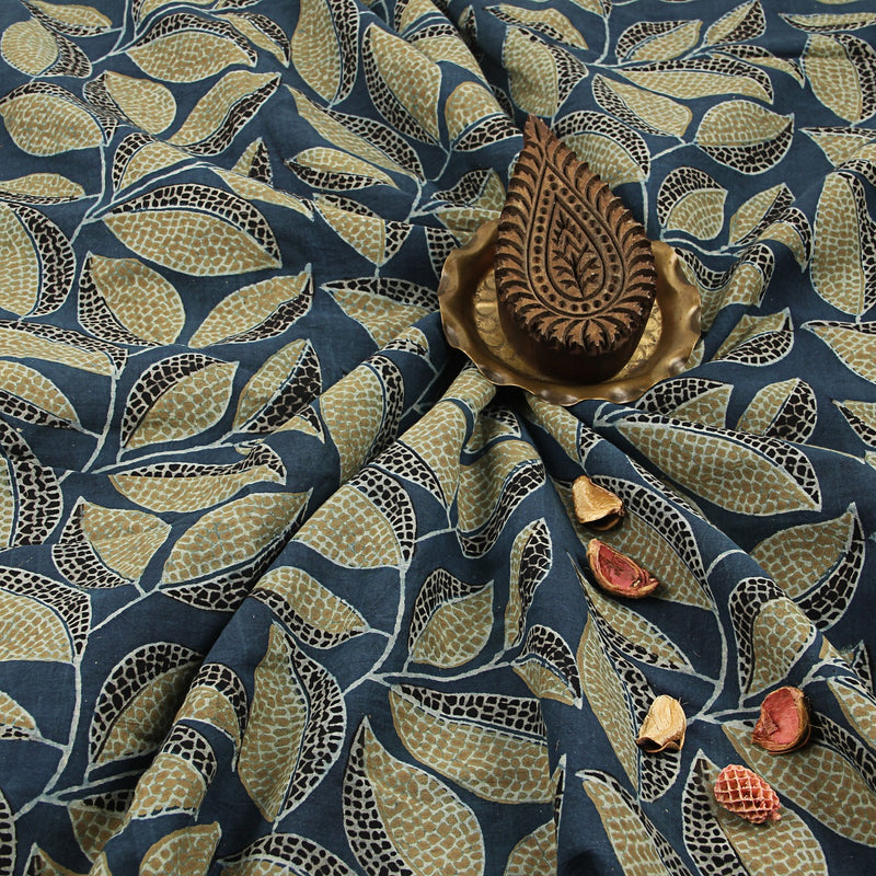 Black Indigo Leaves Ajrakh Hand Block Printed Cotton Fabric