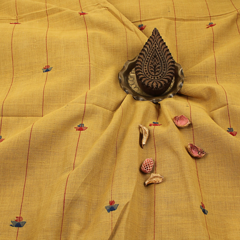Mustard Bud Butti Handspun Handwoven Jamdani Cotton Fabric