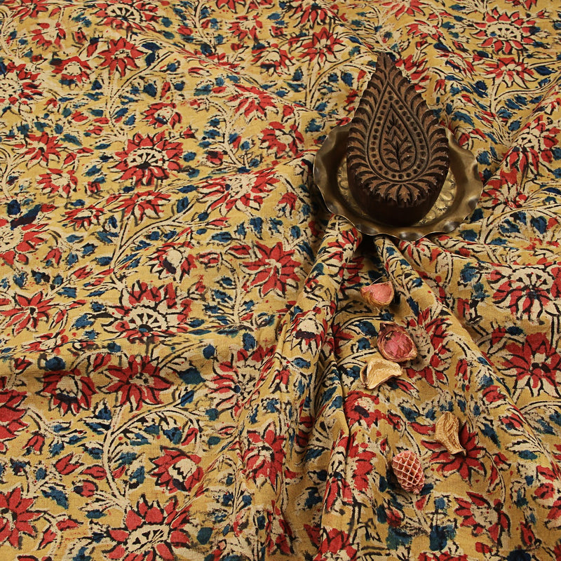 Yellow Floral Jaal Kalamkari Hand Block Printed Cotton Fabric