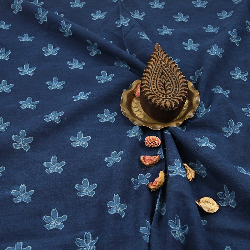 Indigo Floral Dabu Hand Block Printed Cotton Fabric