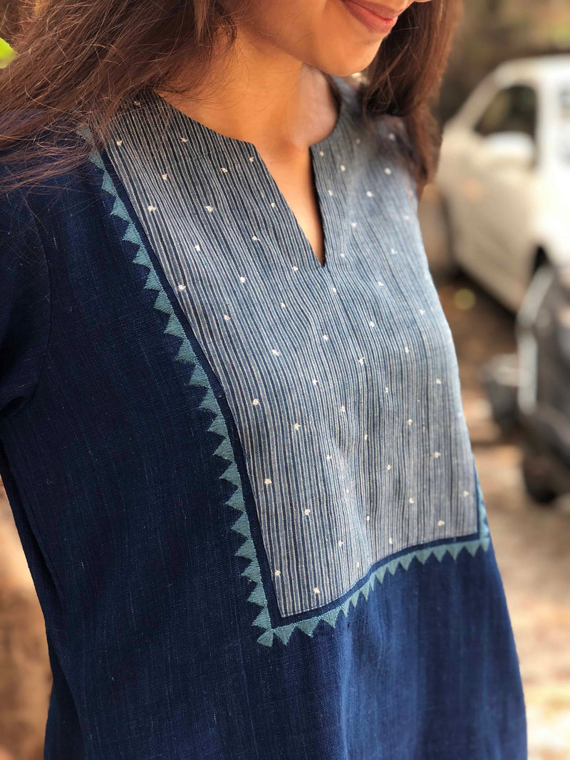 Indigo Handwoven Hand Embroidered Kurta with Hand Zari Work | Organic Cotton