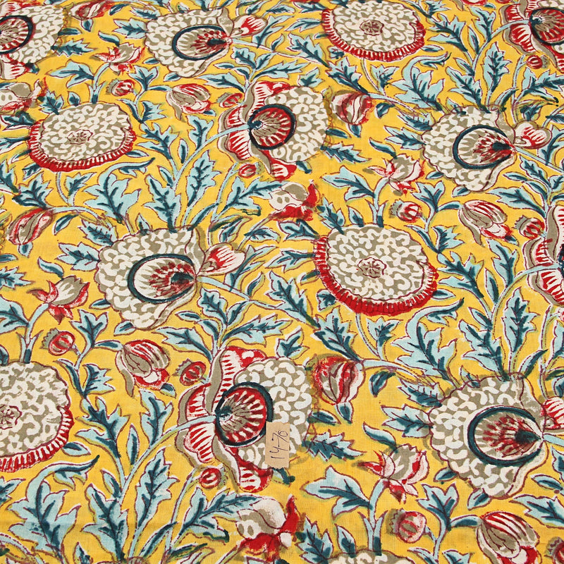 Yellow White Tropical Floral Jaal Sanganeri Hand Block Printed Cotton Fabric