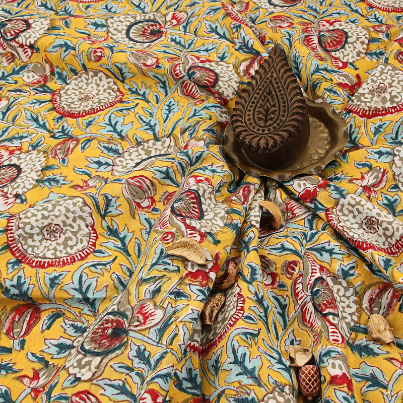 Yellow White Tropical Floral Jaal Sanganeri Hand Block Printed Cotton Fabric