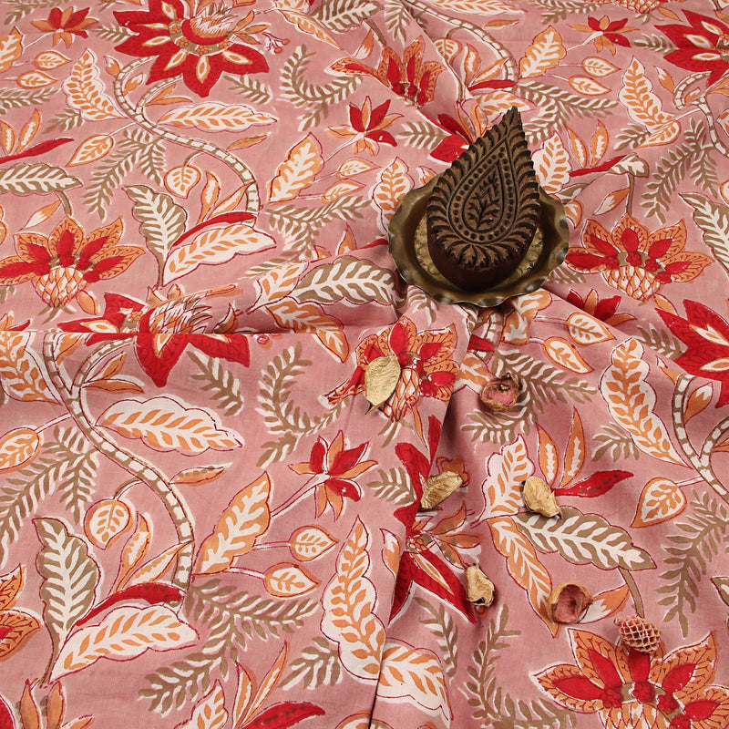 Pink Red Tropical Floral Jaal Sanganeri Hand Block Printed Cotton Fabric
