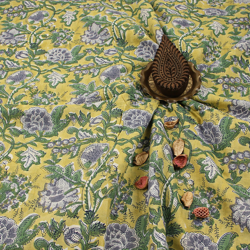Green Grey Floral Jaal Sanganeri Hand Block Printed Cotton Fabric