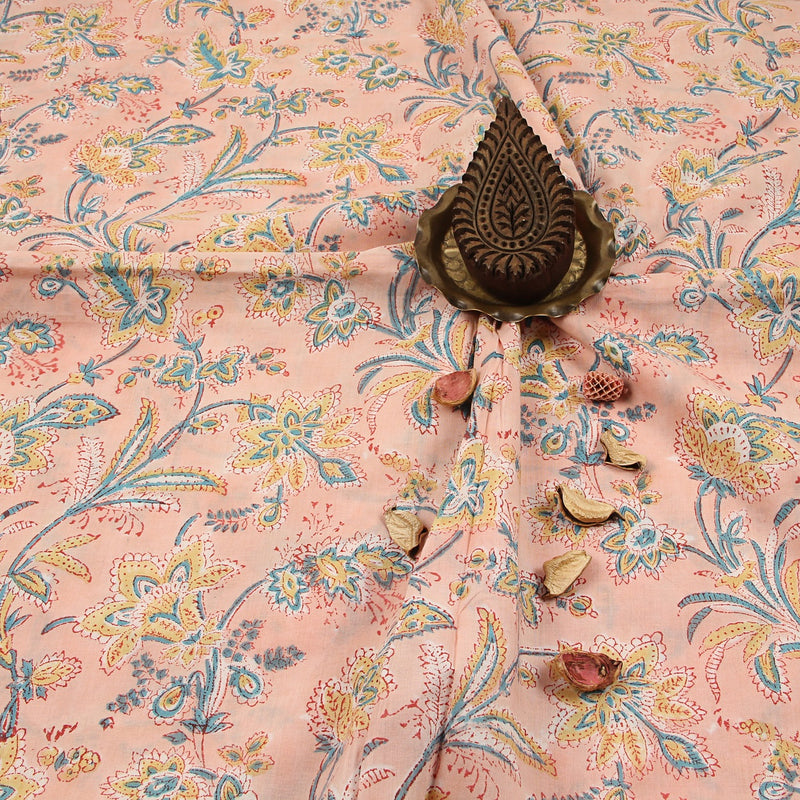 Peach Tropical Floral Jaal Sanganeri Hand Block Printed Cotton Fabric