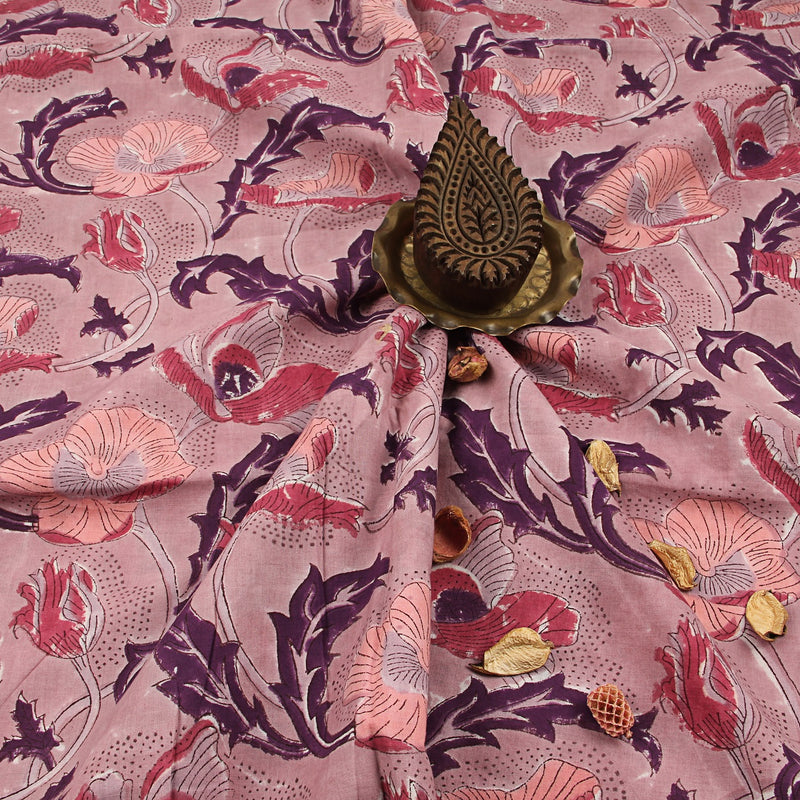 Mauve Tropical Floral Sanganeri Hand Block Printed Cotton Fabric