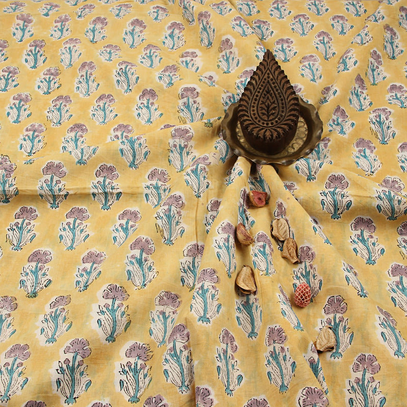 Yellow Iris Floral Jaal Sanganeri Hand Block Printed Cotton Fabric