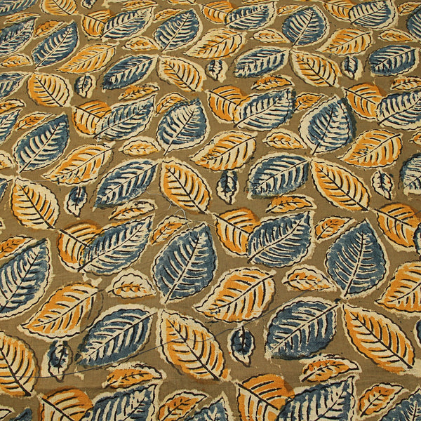 Yellow Indigo Leaves Jaal Kalamkari Hand Block Printed Cotton Fabric