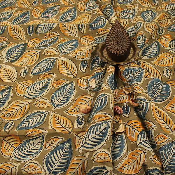 Yellow Indigo Leaves Jaal Kalamkari Hand Block Printed Cotton Fabric