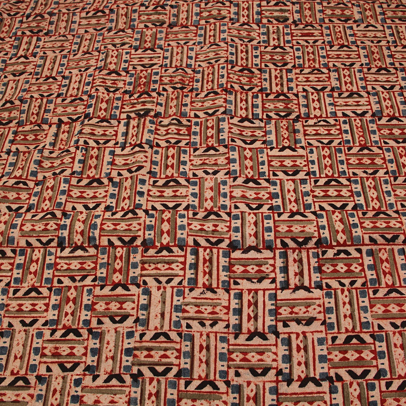 Madder Geometric Kalamkari Hand Block Printed Cotton Fabric
