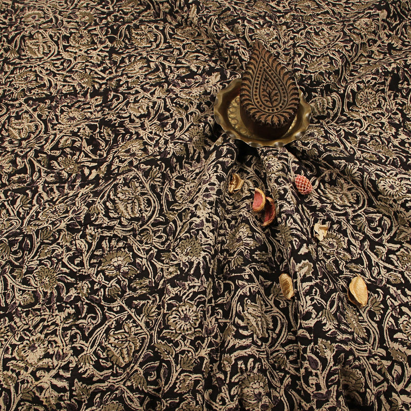 Black Grey Floral Jaal Kalamkari Hand Block Printed Cotton Fabric