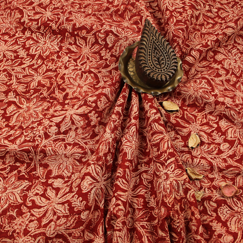 Red Tropical Floral Jaal Kalamkari Hand Block Printed Cotton Fabric
