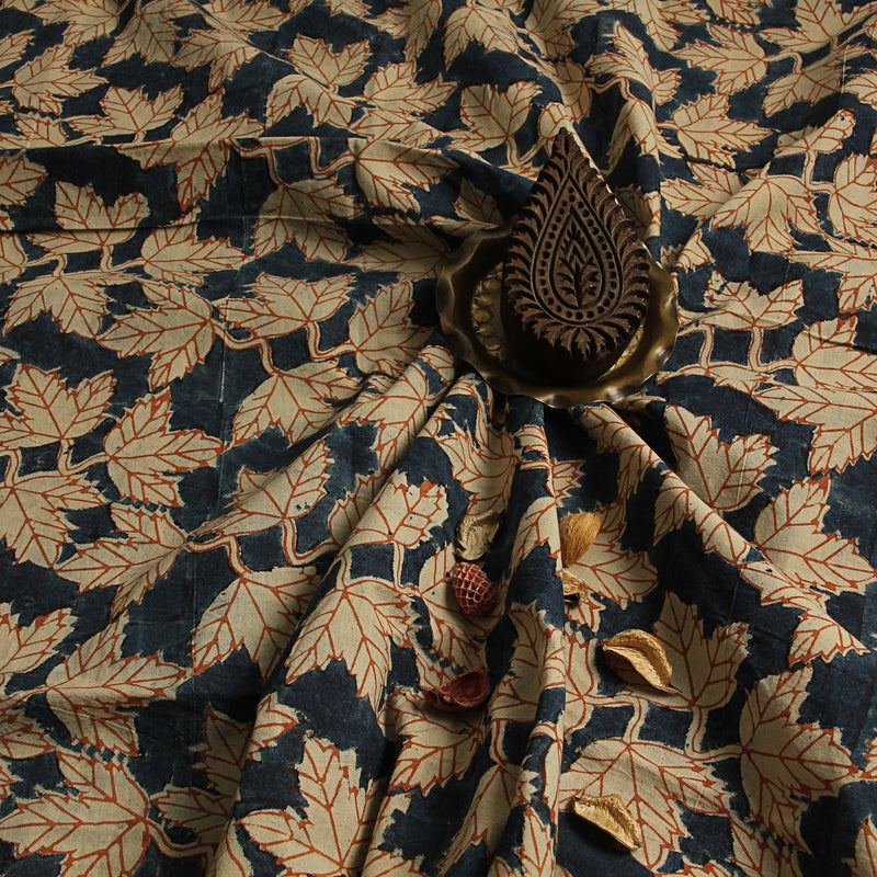 Indigo White Leaf Jaal Kalamkari Hand Block Printed Cotton Fabric