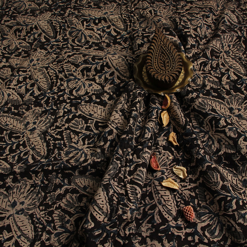 Black Indigo Butterfly Jaal Kalamkari Hand Block Printed Cotton Fabric