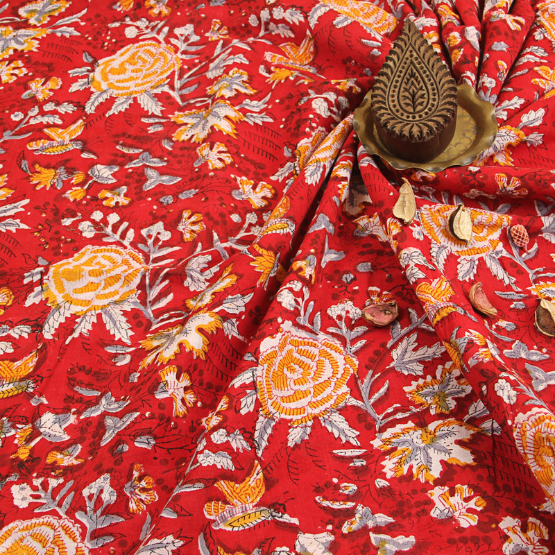 Red & Yellow Poppy Sanganeri Cotton Fabrics