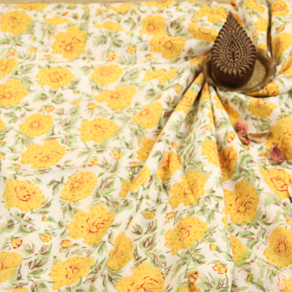 White & Yellow Marigold Sanganeri Cotton Fabrics