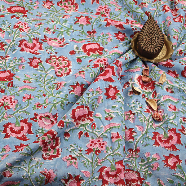 Blue & Pink Floral Jaal Sanganeri Cotton Fabrics