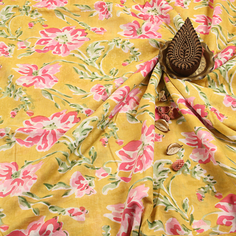 Yellow & Pink Daisy Sanganeri Cotton Fabrics