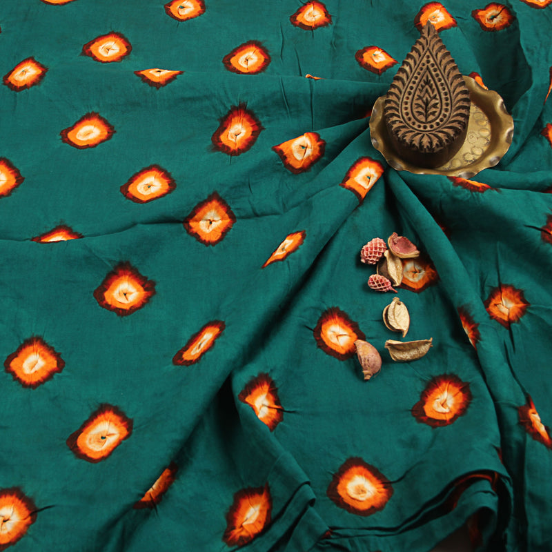 Green & Orange Cotton Satin Bandhani Fabric  (3M)