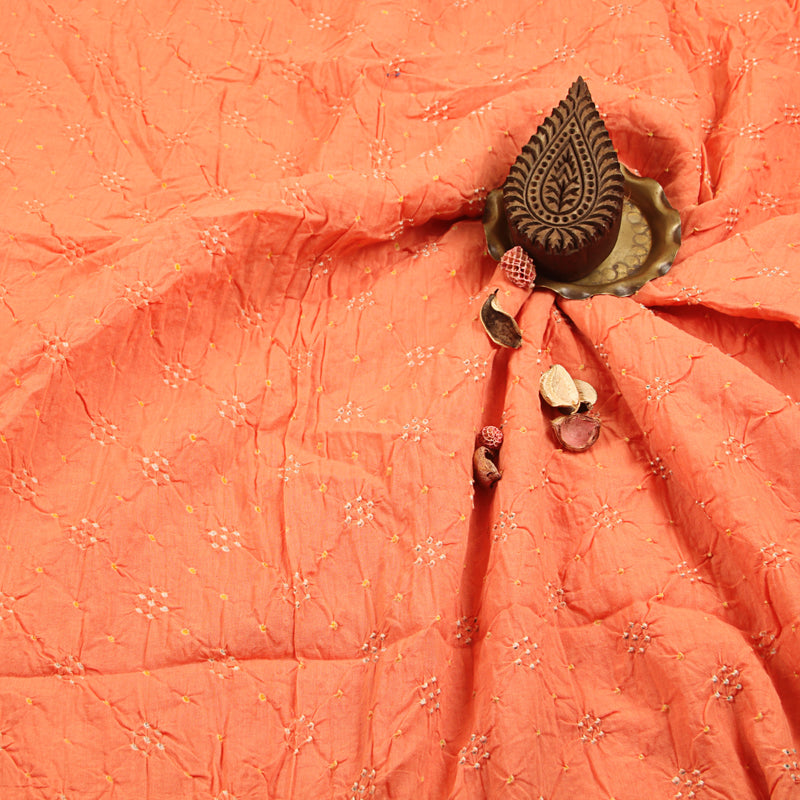 Peach Floral Yellow Dot Bandhani Cotton Fabric (4.8 M)